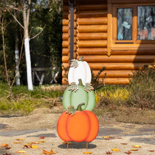 Glitzhome® Set of 3 Fall Stacked Pumpkin Metal Yard Stakes
